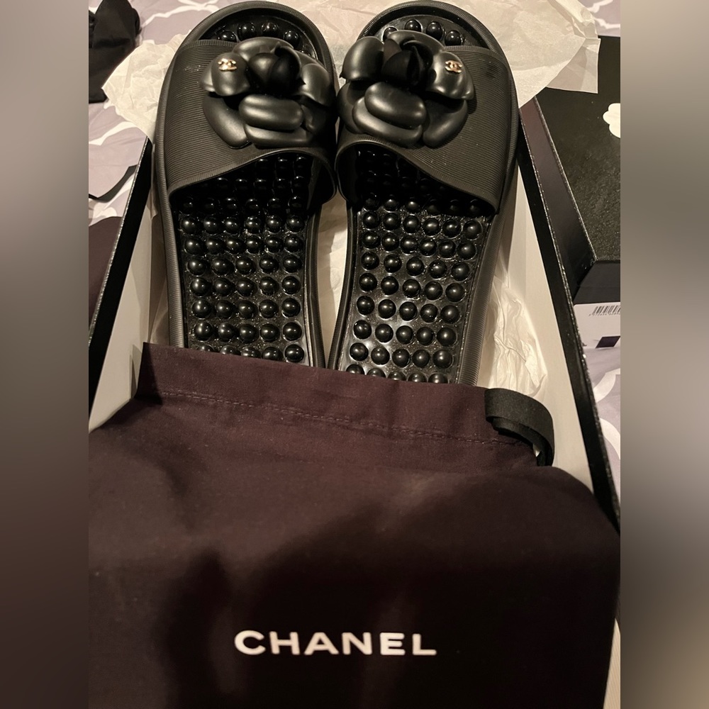 Authentic Chanel Black CC Logo Slides